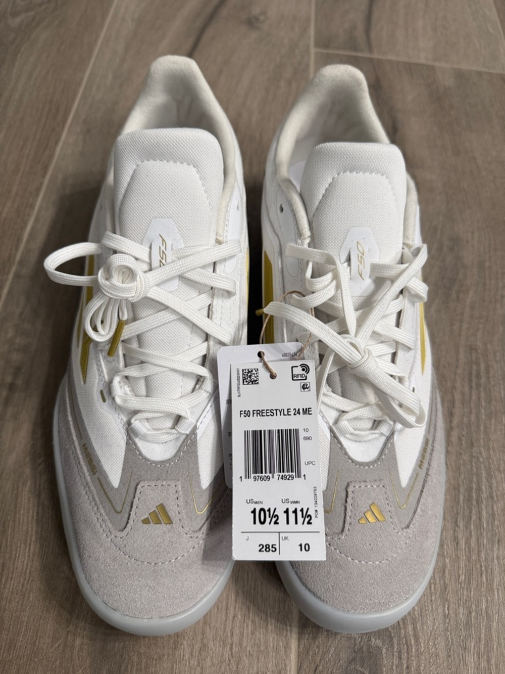 Adidas F50 Freestyle Messi White & Light Gray Sneakers with Gold Accents